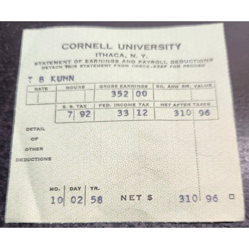 Vintage Cornell University 1958 Payroll Statement - Retro Tax Deductions